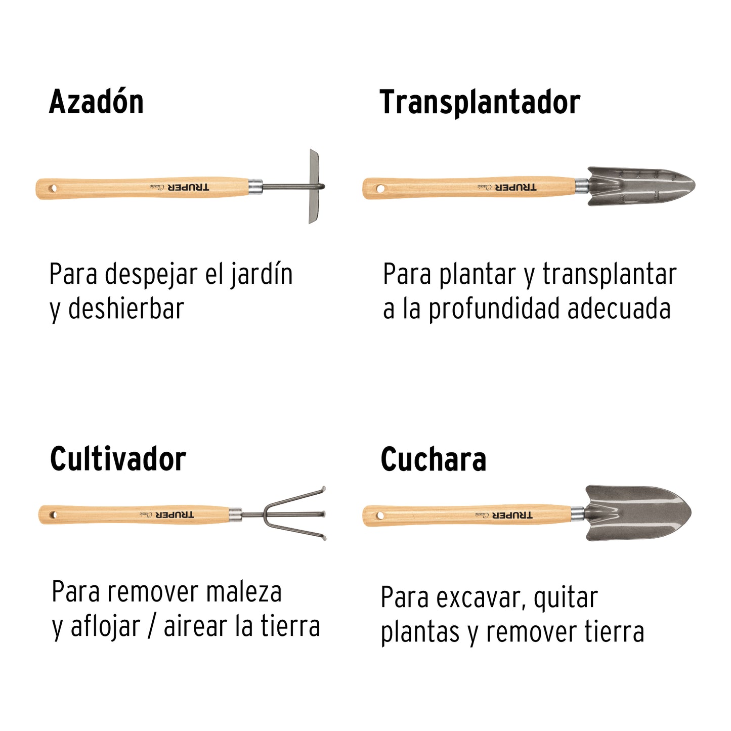 Juego de 4 herramientas de 15" para jardín, Truper