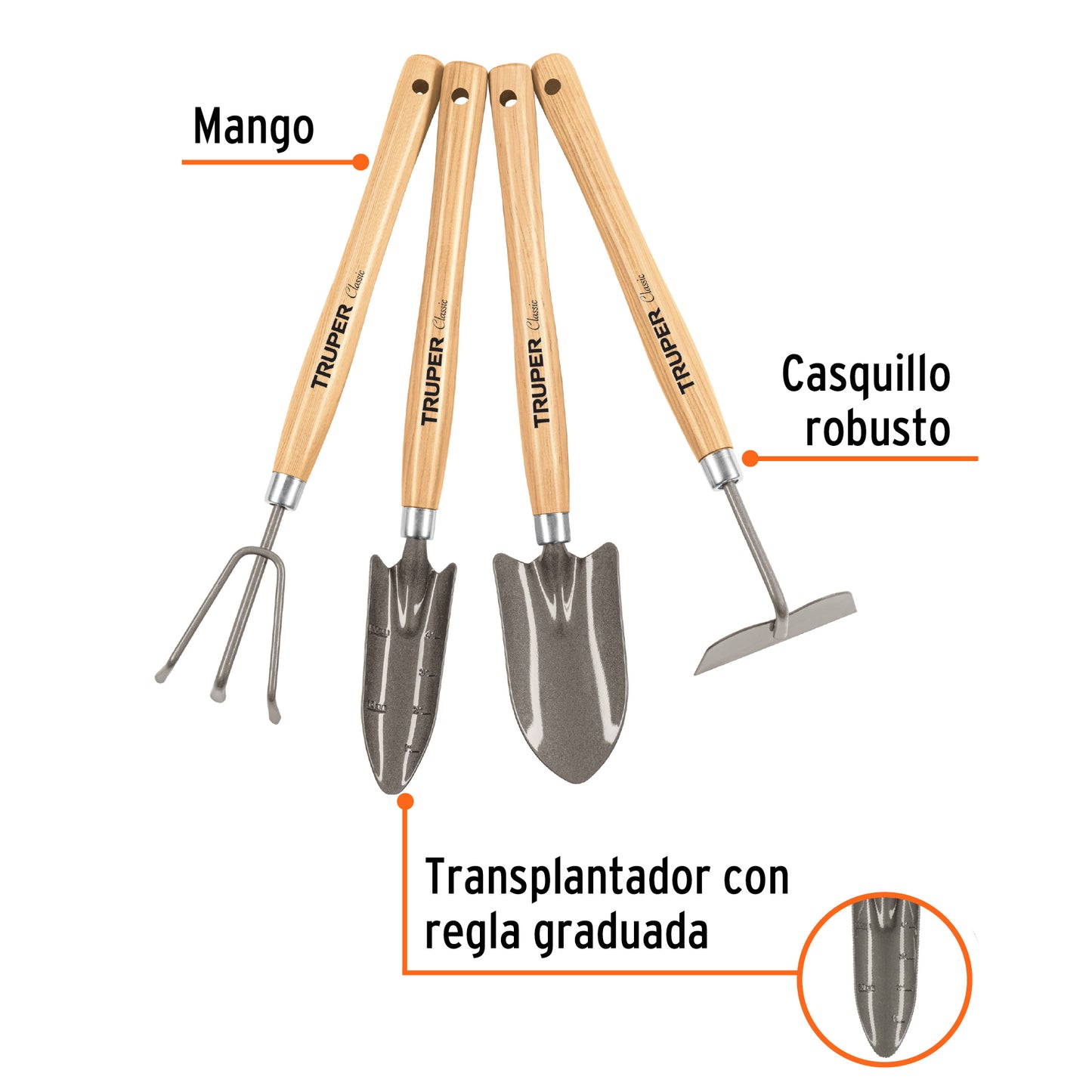 Juego de 4 herramientas de 15" para jardín, Truper