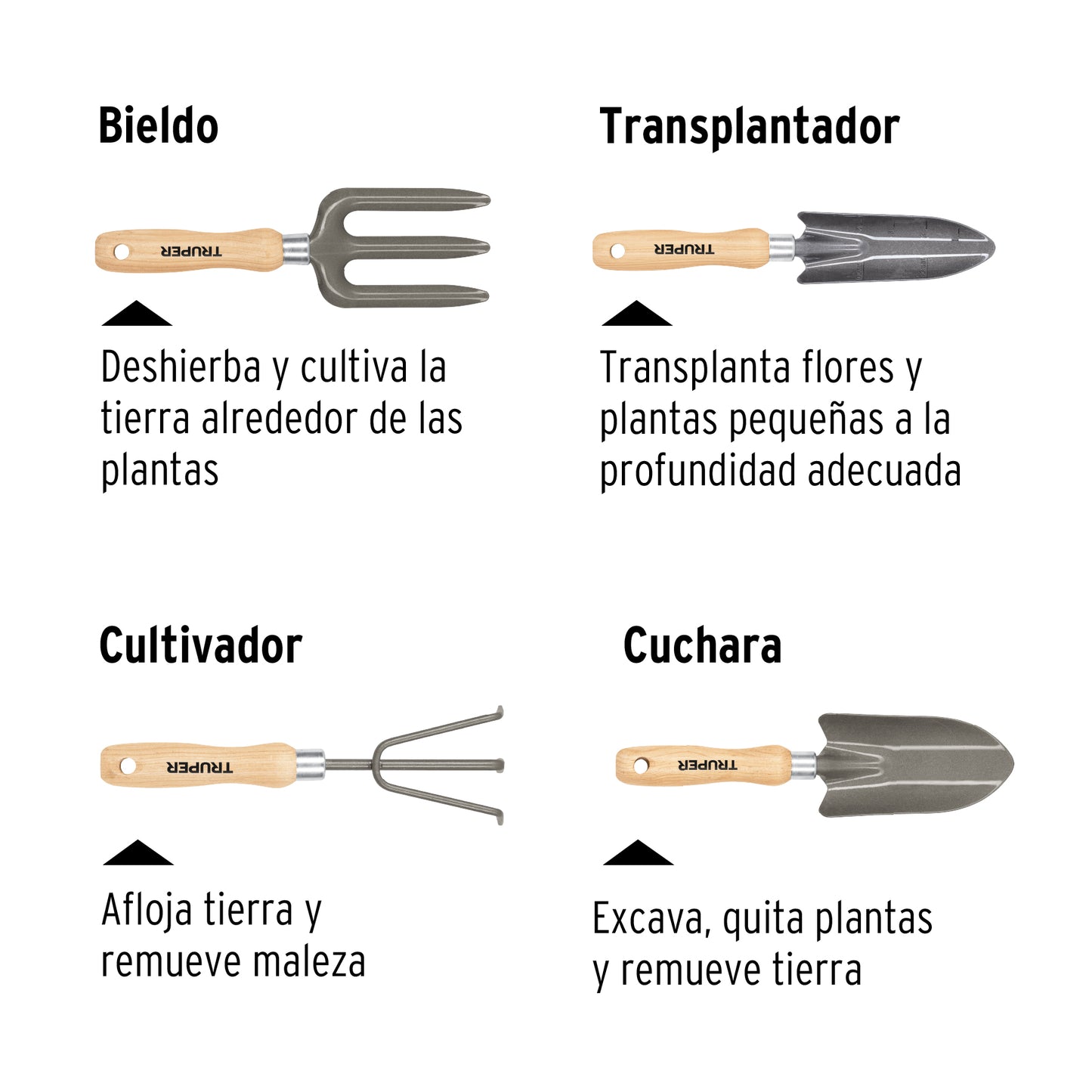 Juego de 4 herramientas, mangos de 6" para jardín, Truper