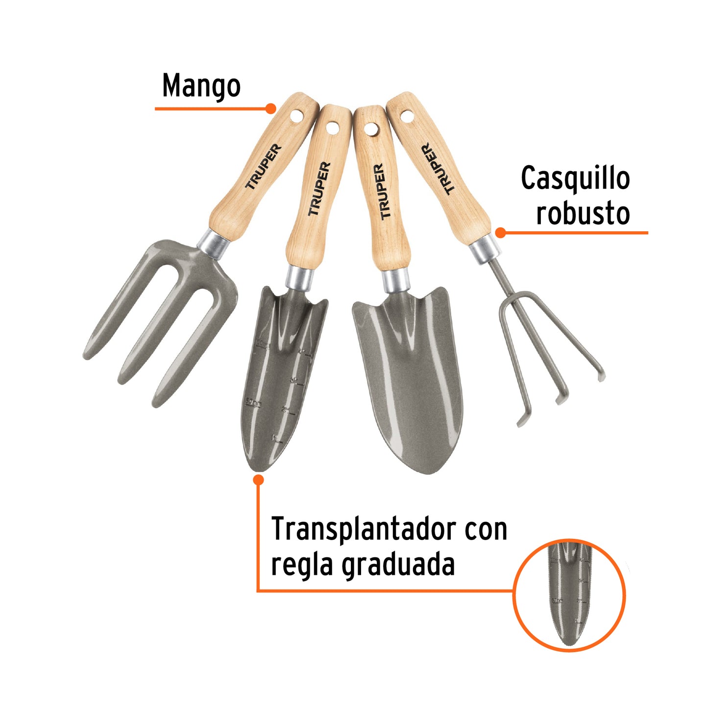 Juego de 4 herramientas, mangos de 6" para jardín, Truper