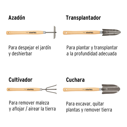 Juego de 4 herramientas de 15" para jardín, Truper